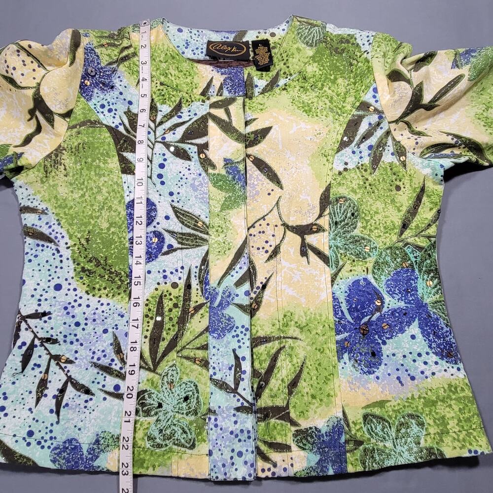 Alex Kim Blue Yellow Floral Lightweight Jacket Long Sleeve Sequins Snaps Women L - Picture 8 of 13